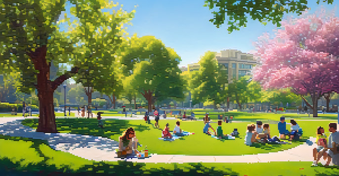A vibrant urban park in San Jose with children playing and families having a picnic under a clear blue sky.