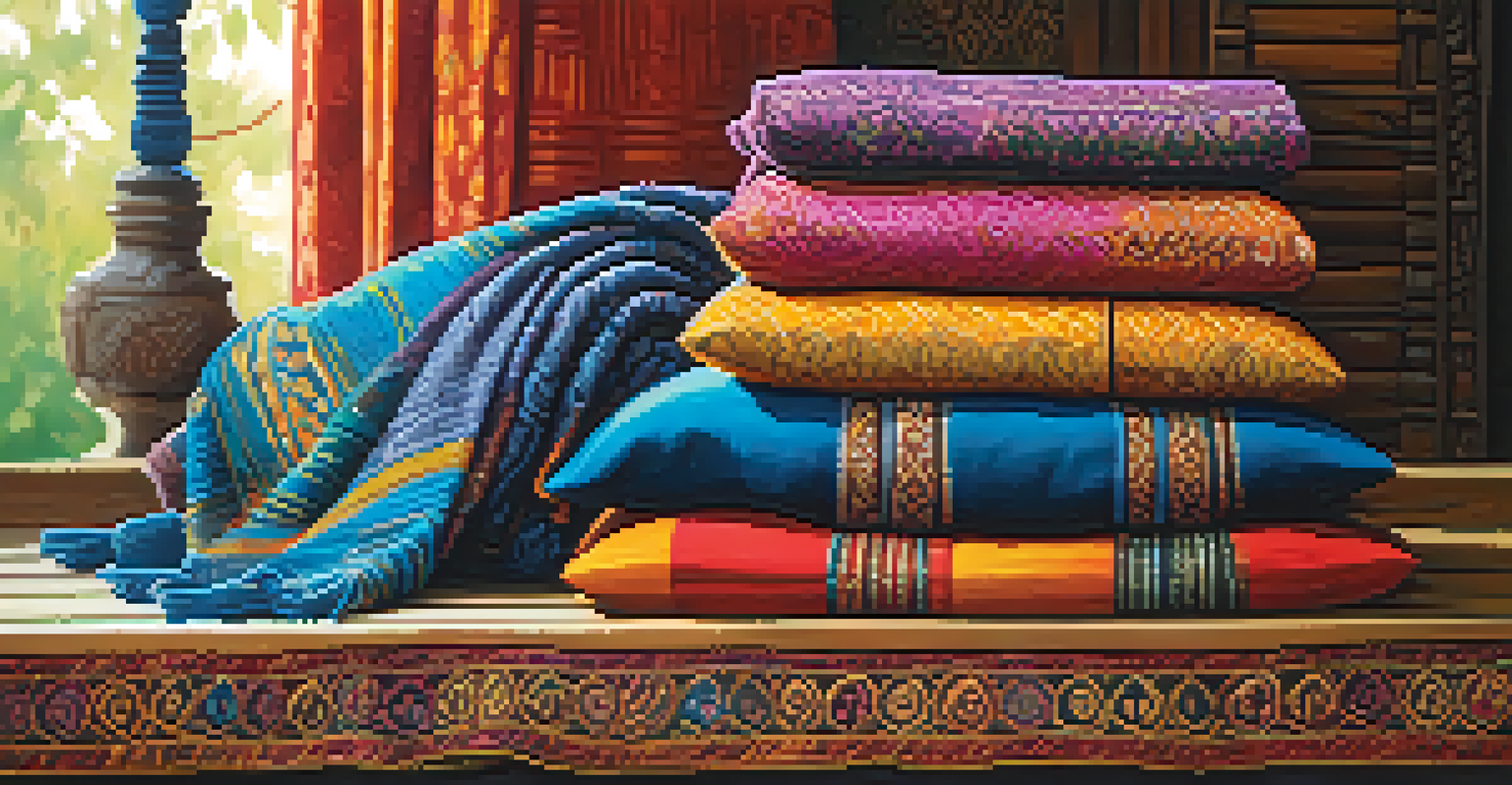 Colorful handwoven textiles displayed on a rustic wooden table, highlighting their intricate patterns and textures.