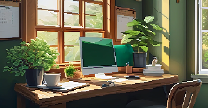 A warm home office with a wooden desk, laptop, coffee cup, and plants by the window, decorated with financial quotes.