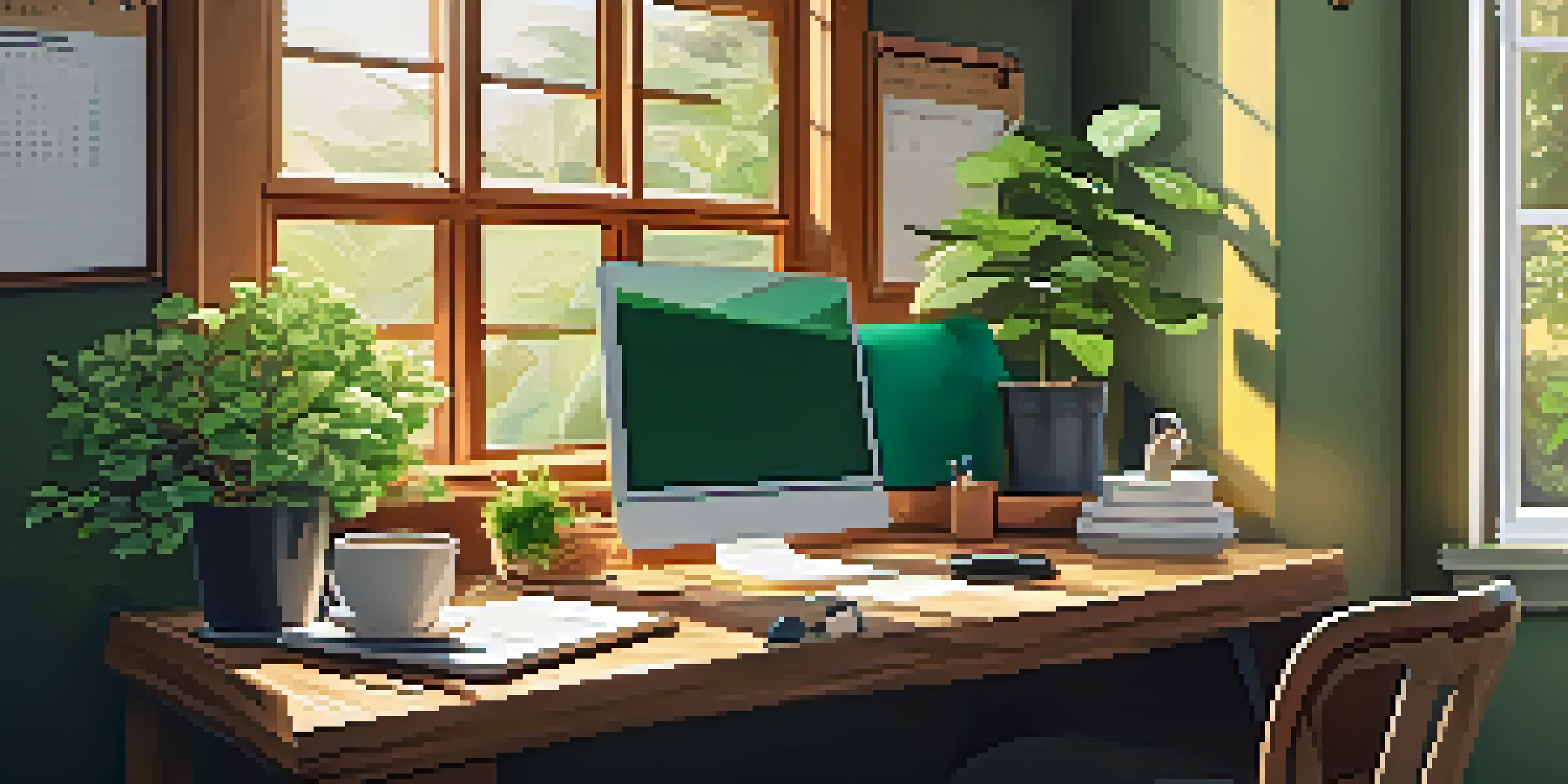 A warm home office with a wooden desk, laptop, coffee cup, and plants by the window, decorated with financial quotes.