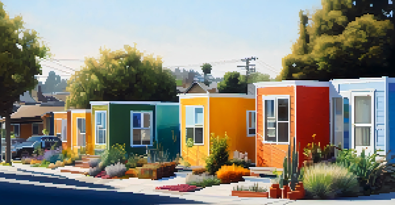 An urban neighborhood in San Jose with modern modular housing and tiny homes, surrounded by community gardens and residents gardening.