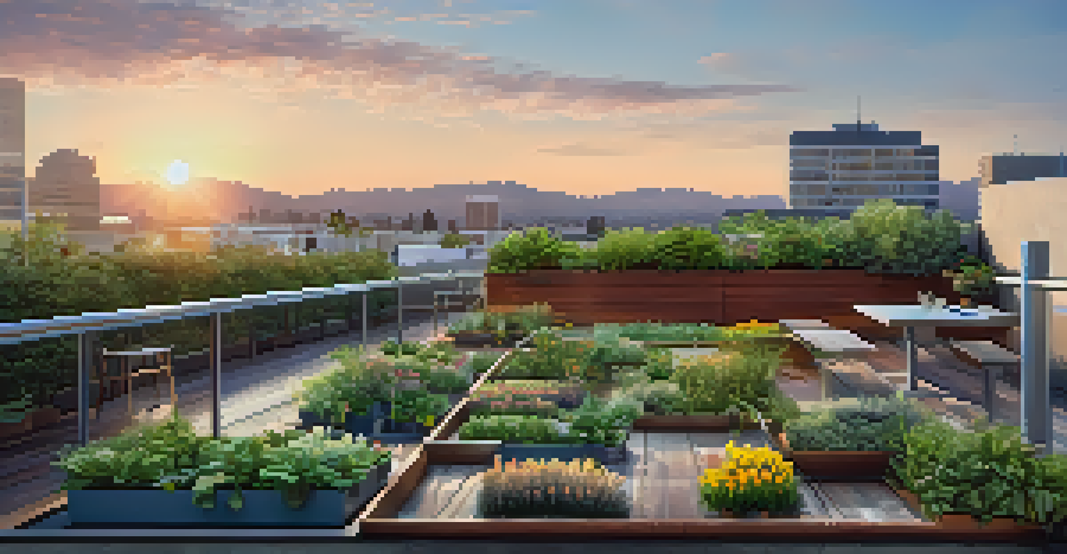 A green rooftop garden with various plants and flowers, overlooking the San Jose skyline during sunset.