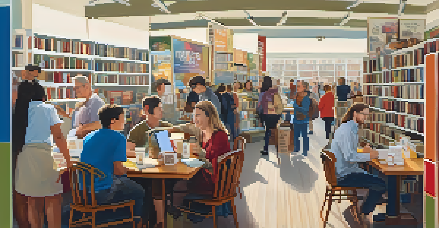 A lively bookstore during a community event with tables for a book fair, people browsing books, and a cozy café area in the background.