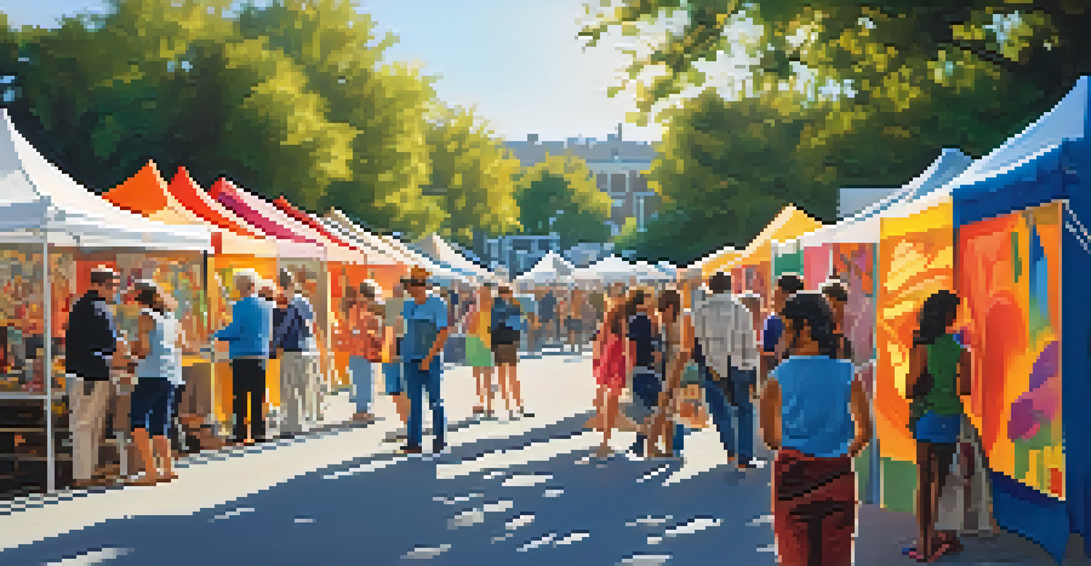 An outdoor art fair with colorful tents and local artists interacting with visitors, showcasing collaborative artwork under sunny skies.