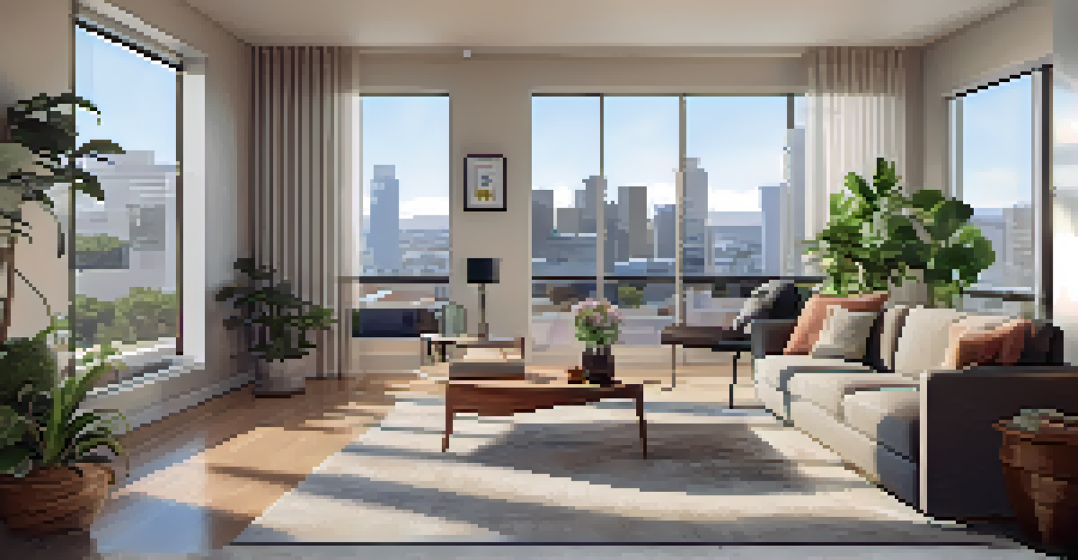 A modern living room in a San Jose apartment with city skyline view, featuring stylish furniture, plants, and housing market reports on a table.