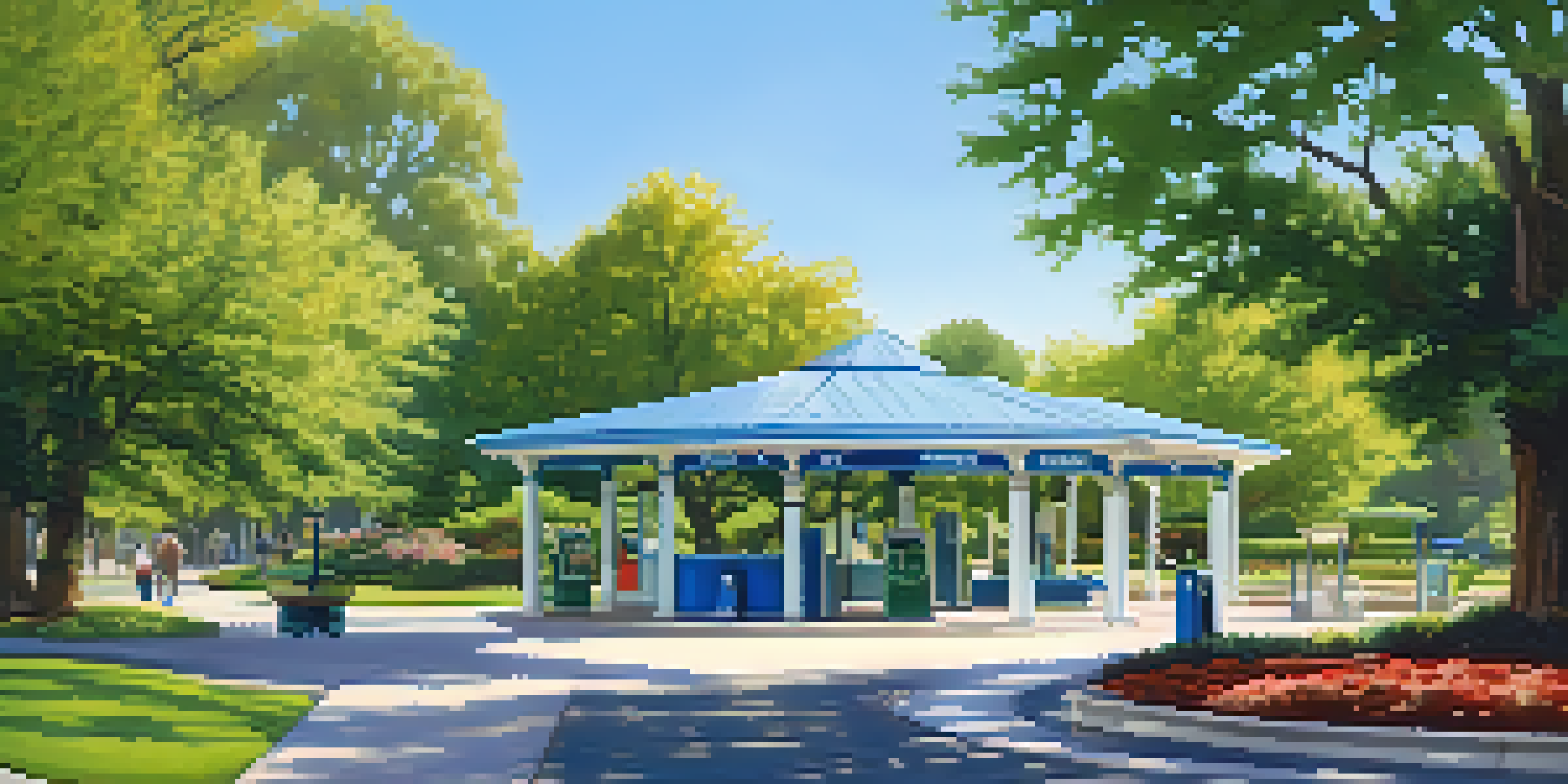 A picturesque scene of Kelley Park with a focus on a clean and accessible restroom facility surrounded by green trees and a clear blue sky.