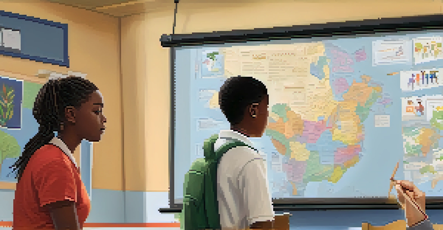 A teacher leading a discussion on cultural diversity in a bright classroom filled with engaged students.