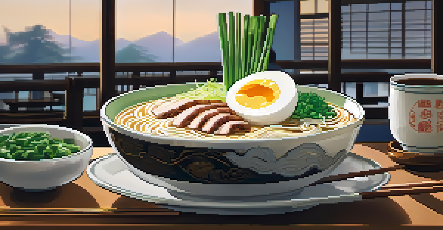 A bowl of tonkotsu ramen with toppings, set on a cozy table in a Japanese-themed restaurant.