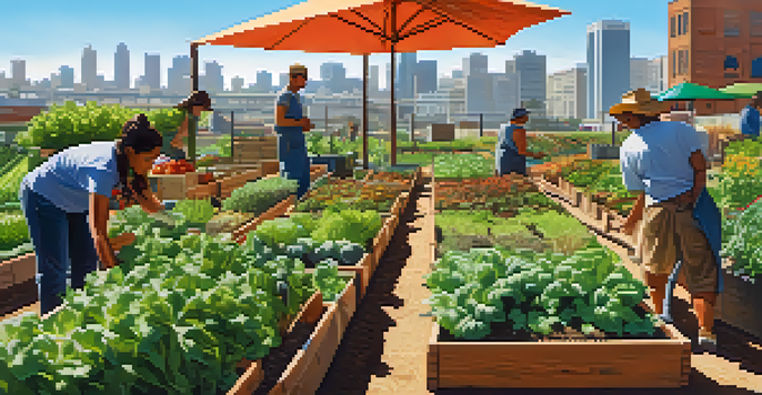 A lively urban farm with diverse crops, community members planting and harvesting, and a city skyline in the background.