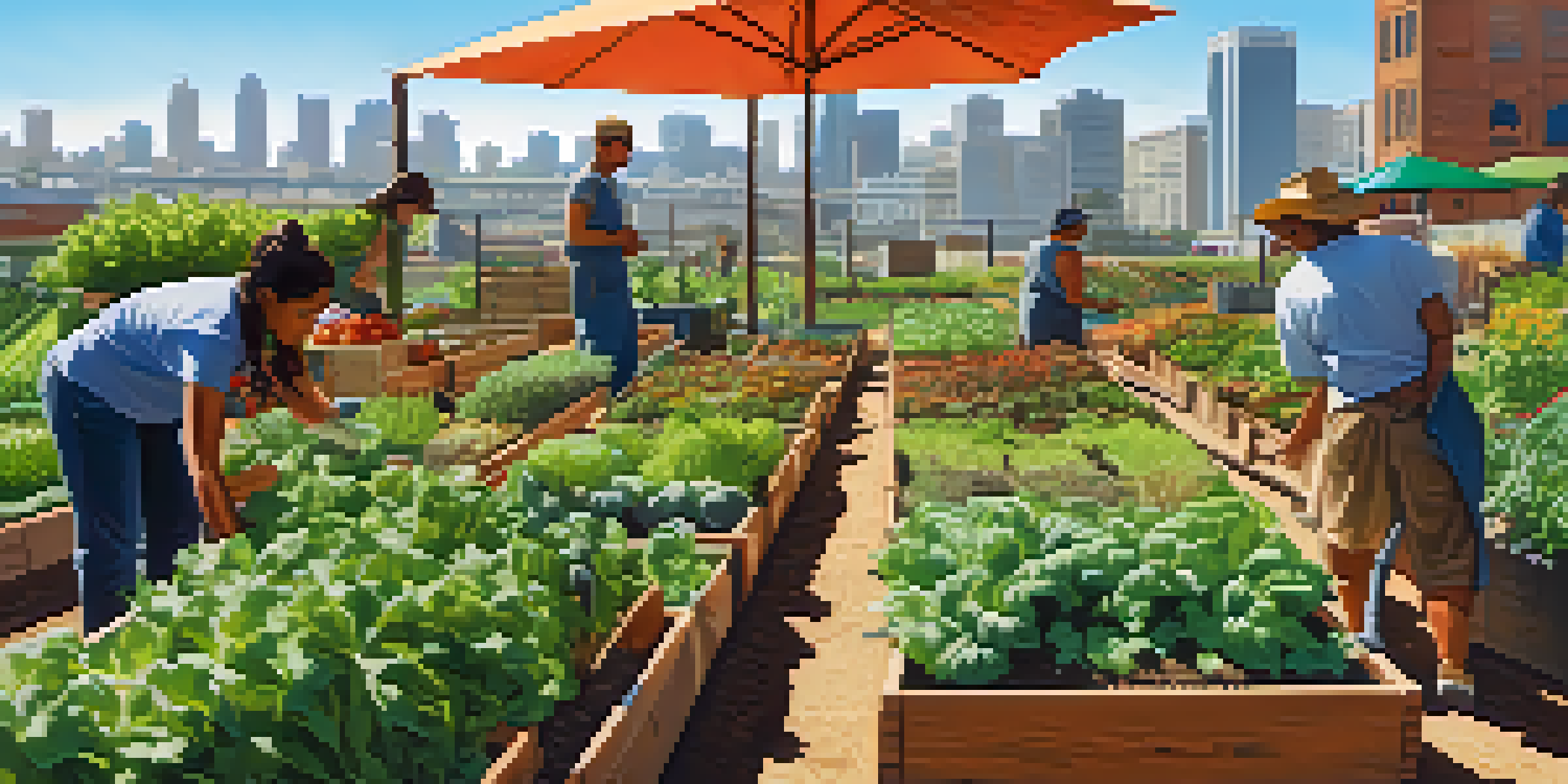 A lively urban farm with diverse crops, community members planting and harvesting, and a city skyline in the background.