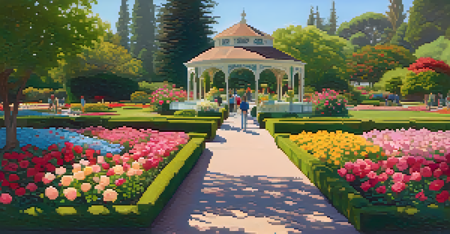 A beautiful rose garden in San Jose filled with blooming roses and families enjoying a leisurely stroll on sunny day.