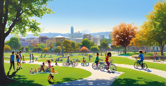 A lively urban park in San Jose with families enjoying outdoor activities, children playing, and a clear blue sky.