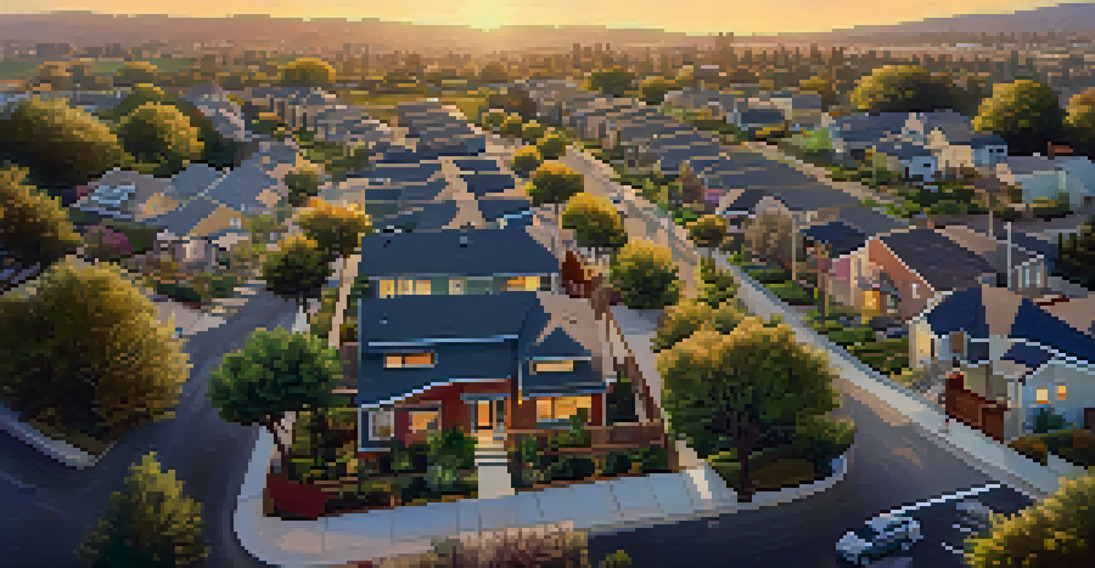 Aerial view of a neighborhood in San Jose showing tiny homes and modern apartments amidst greenery and community spaces during sunset.