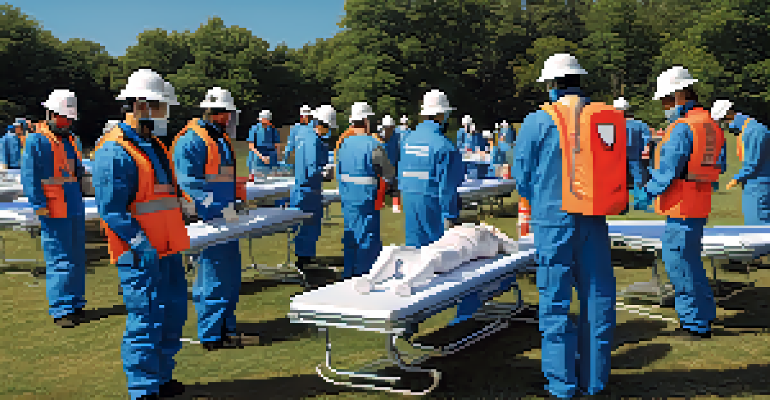 Team members practicing first aid techniques outdoors during a training session, with emergency supplies and a clear blue sky in the background.