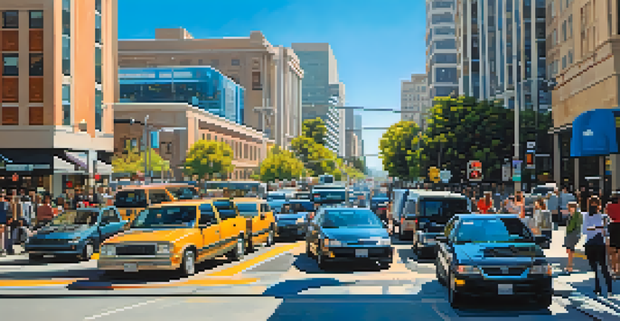 A busy San Jose street with vehicles and pedestrians during rush hour, surrounded by modern buildings under a blue sky.