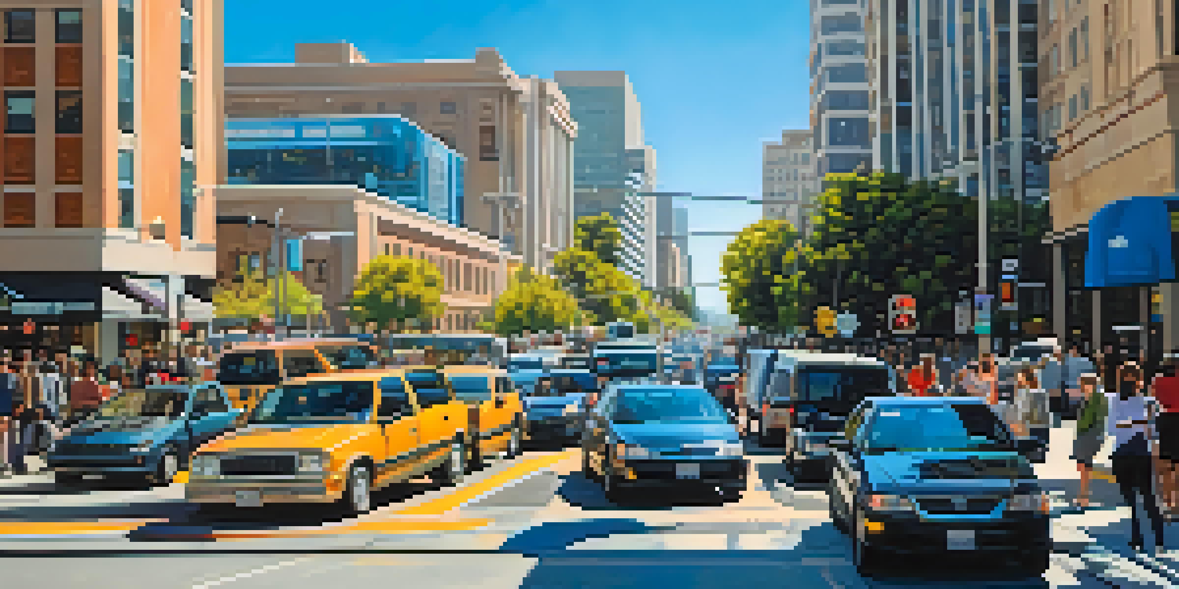 A busy San Jose street with vehicles and pedestrians during rush hour, surrounded by modern buildings under a blue sky.