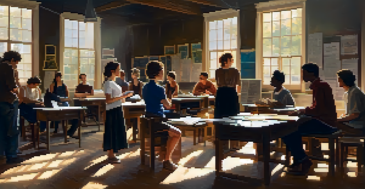 A community theater workshop with a mentor teaching aspiring actors, filled with props and scripts, illuminated by soft sunlight.