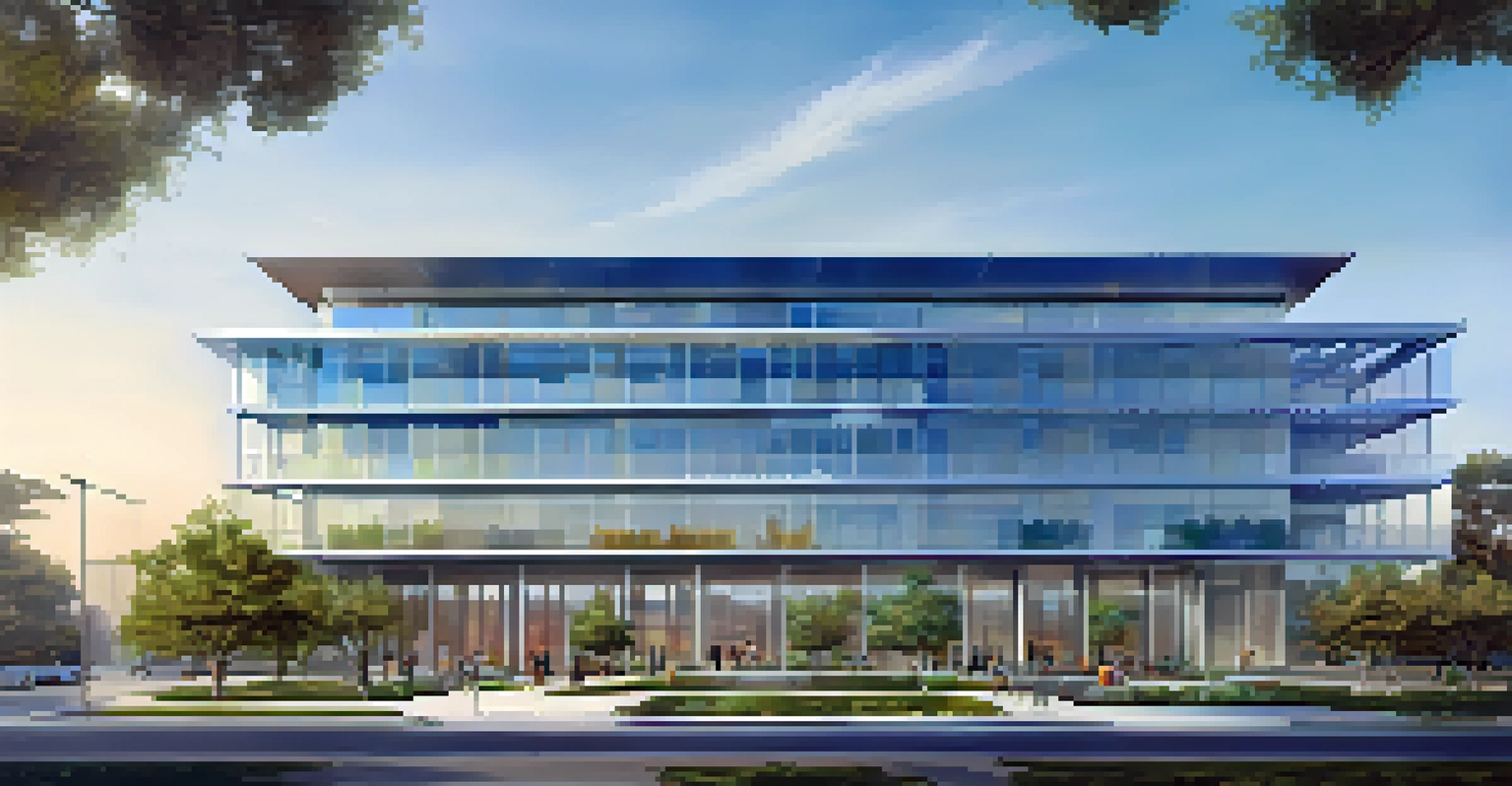 A modern biotech startup building surrounded by Californian plants and trees under a clear blue sky.