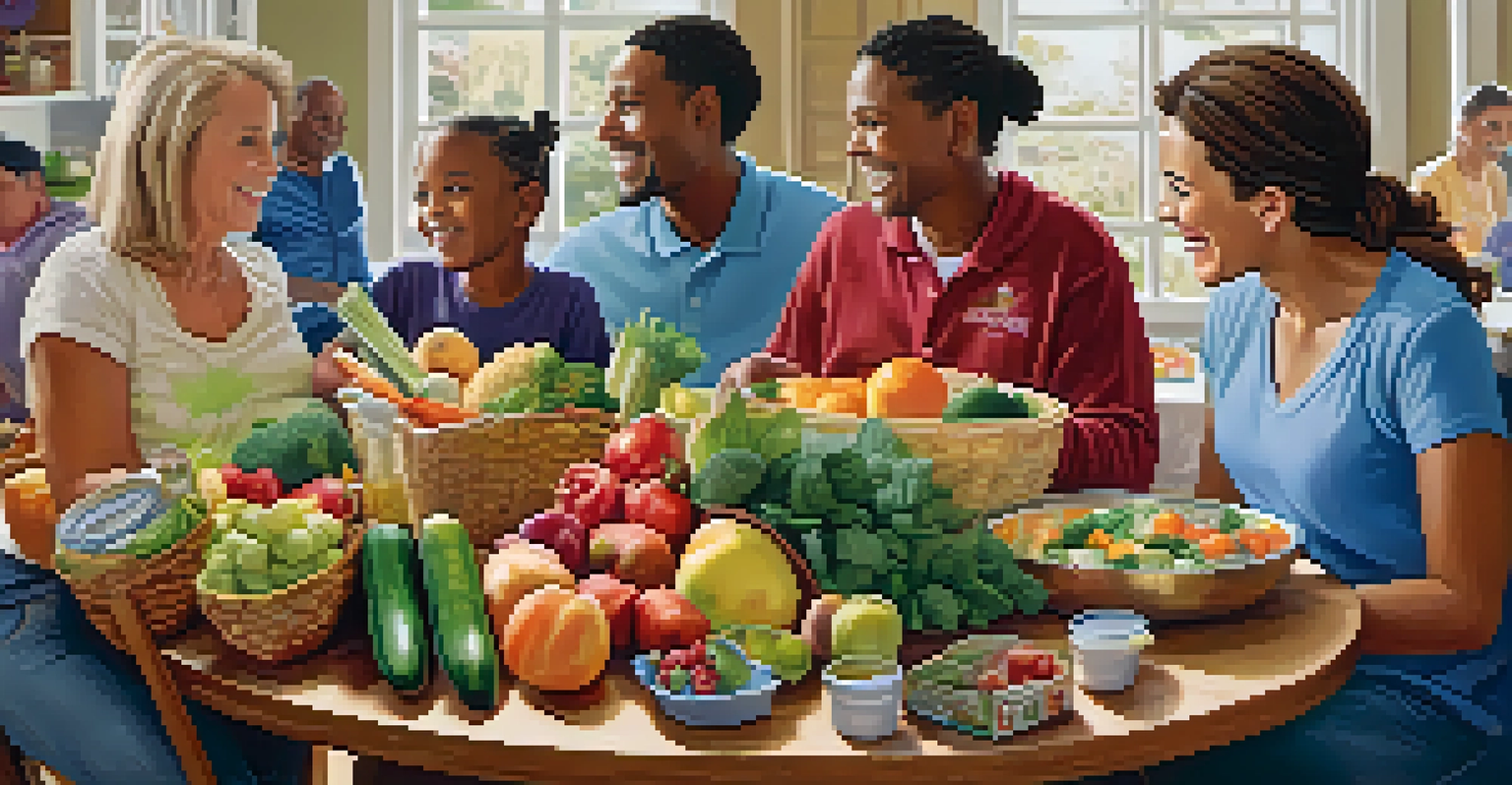 A family happily gathered around a table filled with fresh food from a food bank, highlighting the importance of food assistance.