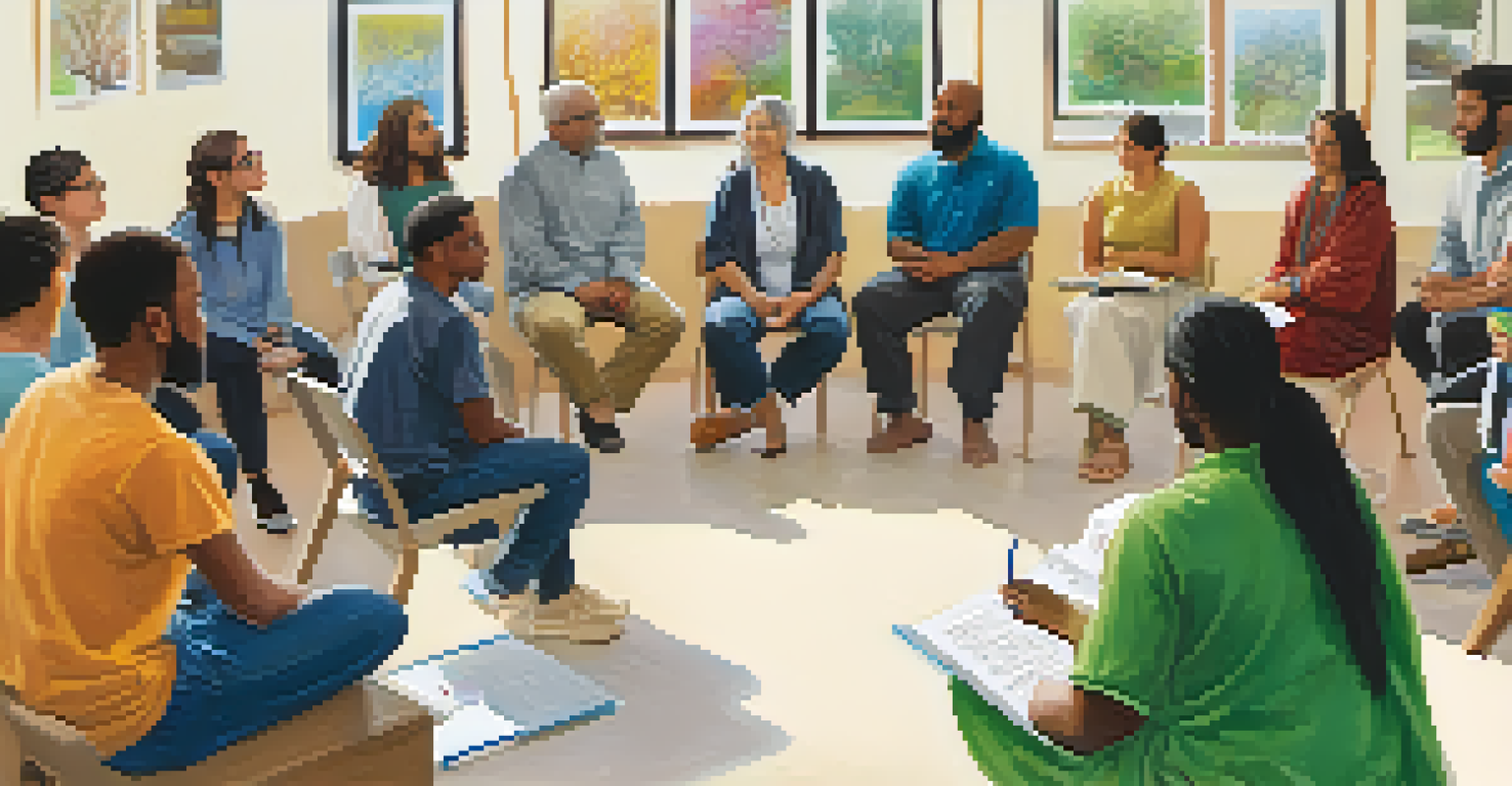 A group of diverse individuals sitting in a circle in a bright room, participating in an interfaith dialogue workshop, with a whiteboard in the background.