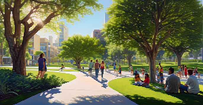 A green park in San Jose with families enjoying outdoor activities surrounded by modern buildings and trees.