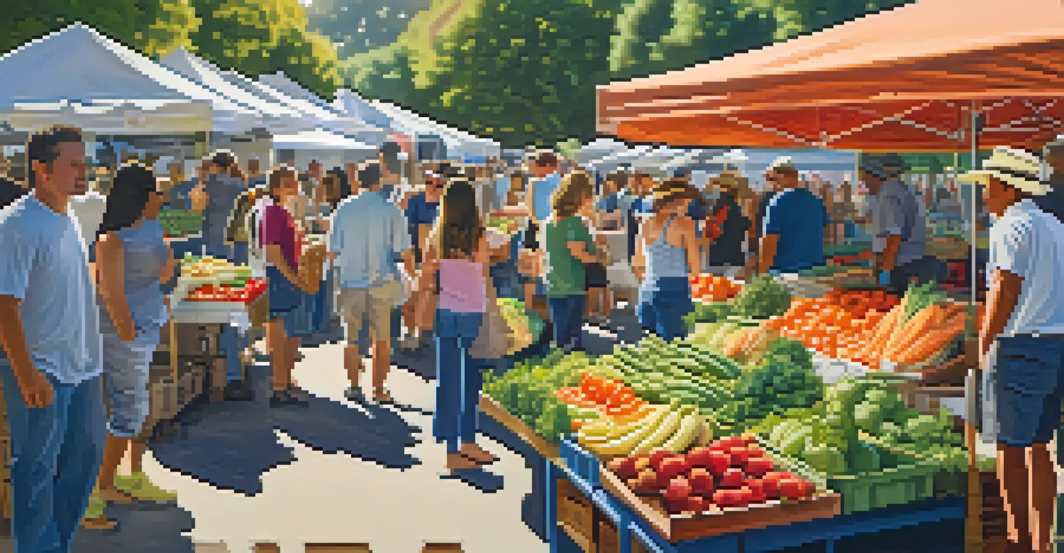 A lively farmers' market in San Jose with colorful stalls and people shopping for fresh produce.