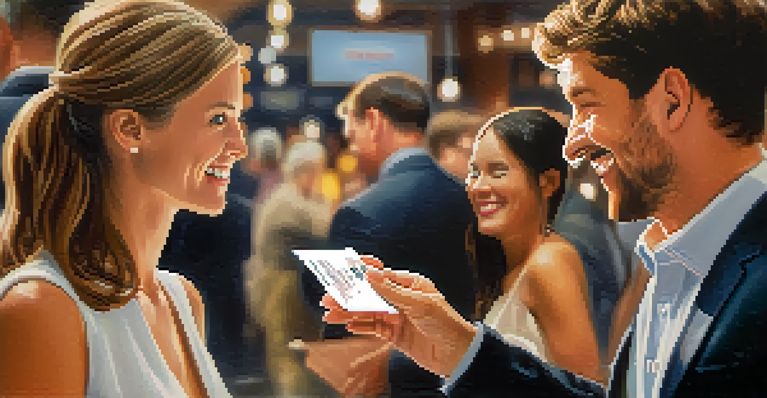 Two entrepreneurs exchanging business cards, smiling and engaging with each other.
