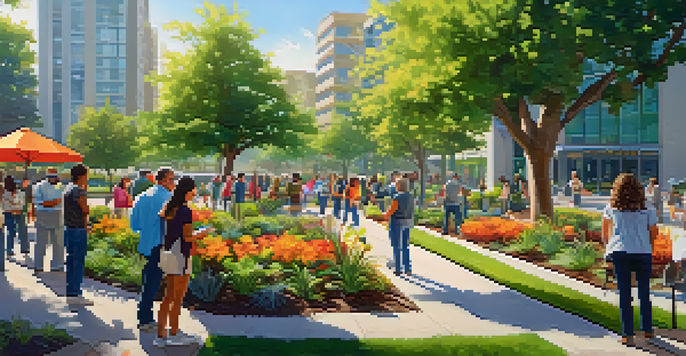 A community tree planting event in an urban park with diverse people, greenery, and modern buildings in the background.