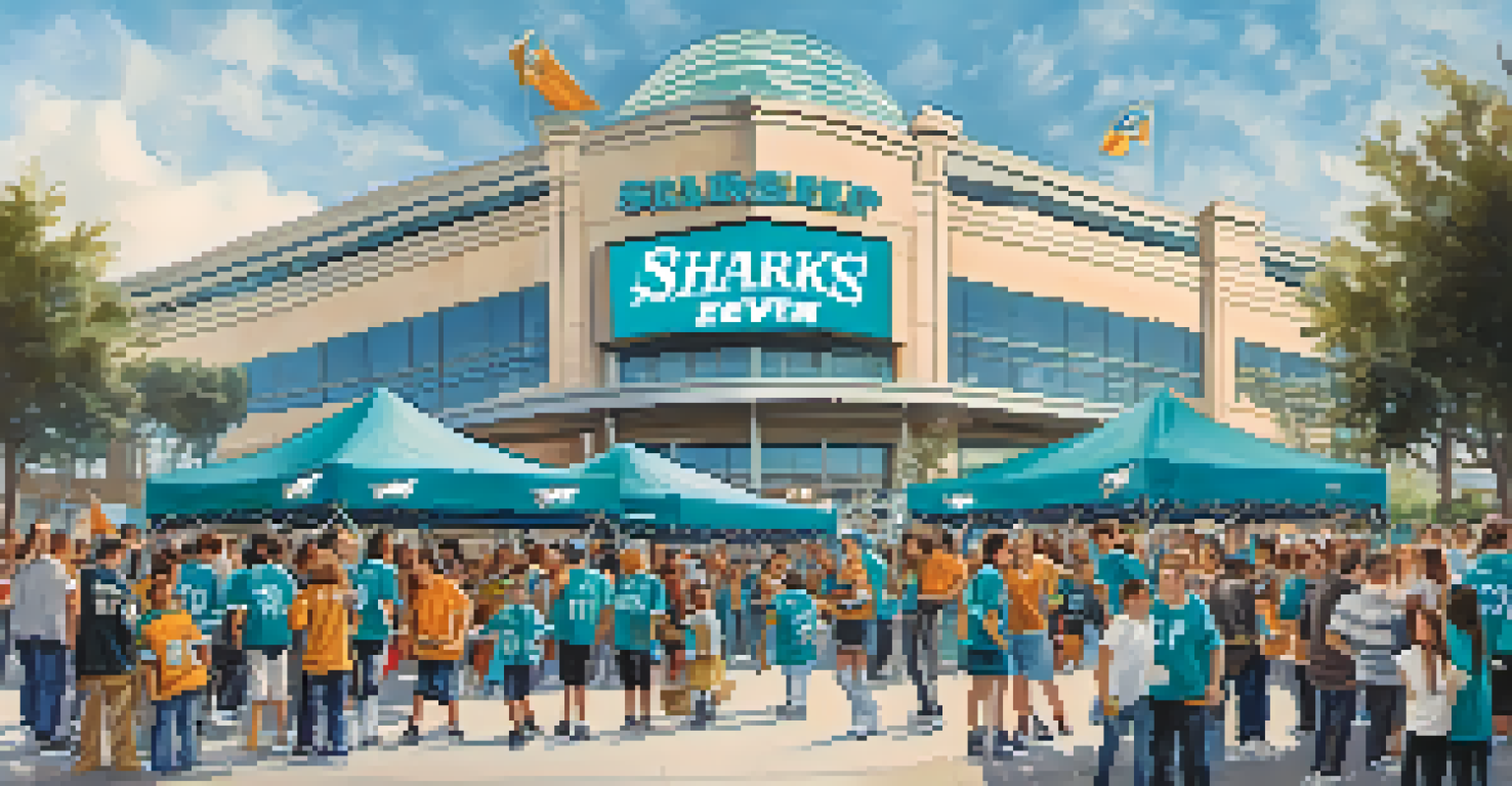 Fans of the San Jose Sharks gathered outside SAP Center, celebrating together in team jerseys and enjoying a community event.