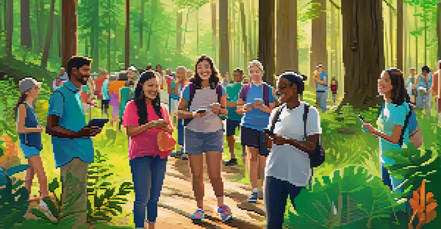 A lively community group participating in a scavenger hunt during a nature walk in a lush forest setting.