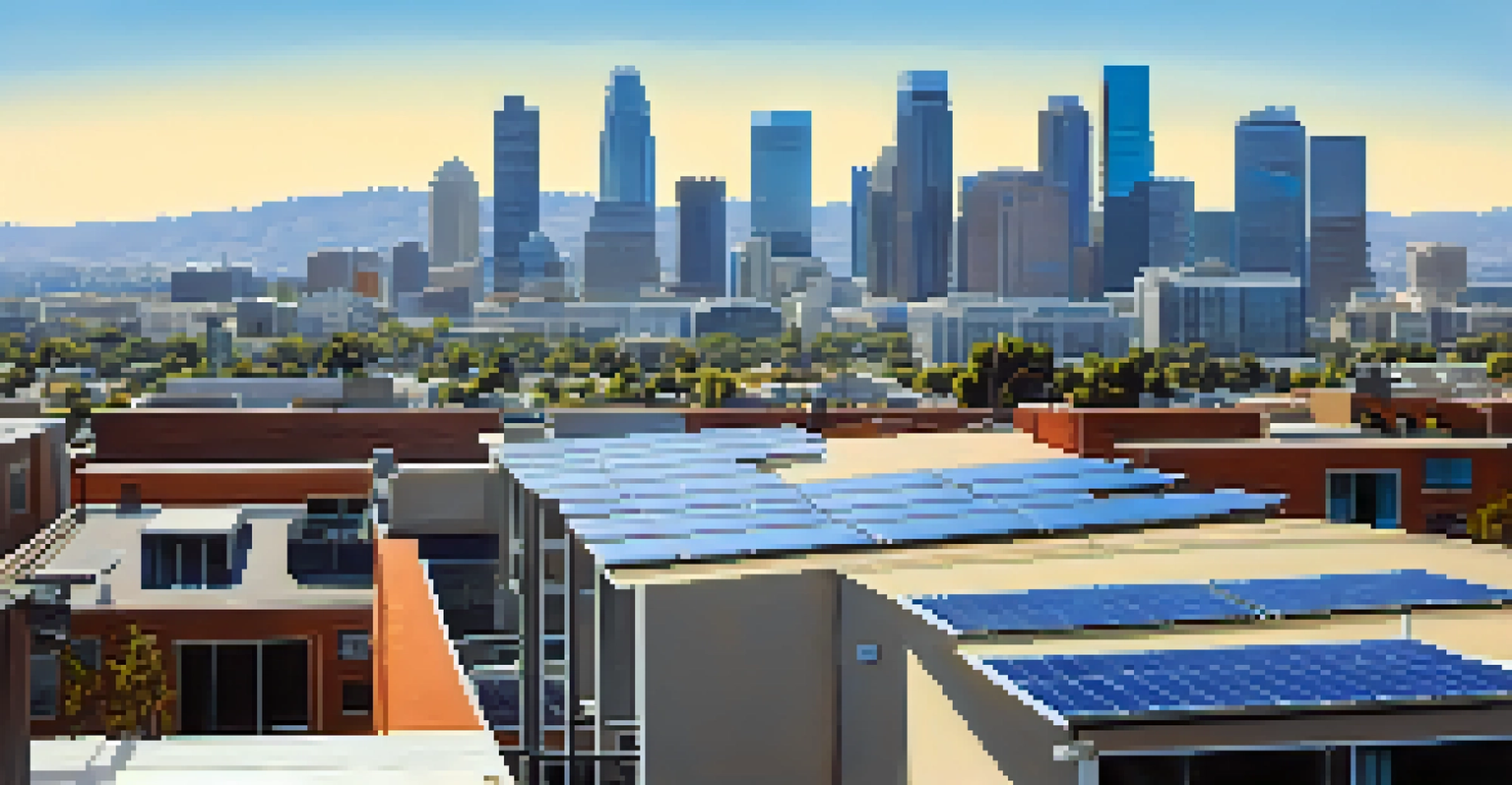 Rooftops in San Jose featuring solar panels with the city skyline in the background under a bright sky.