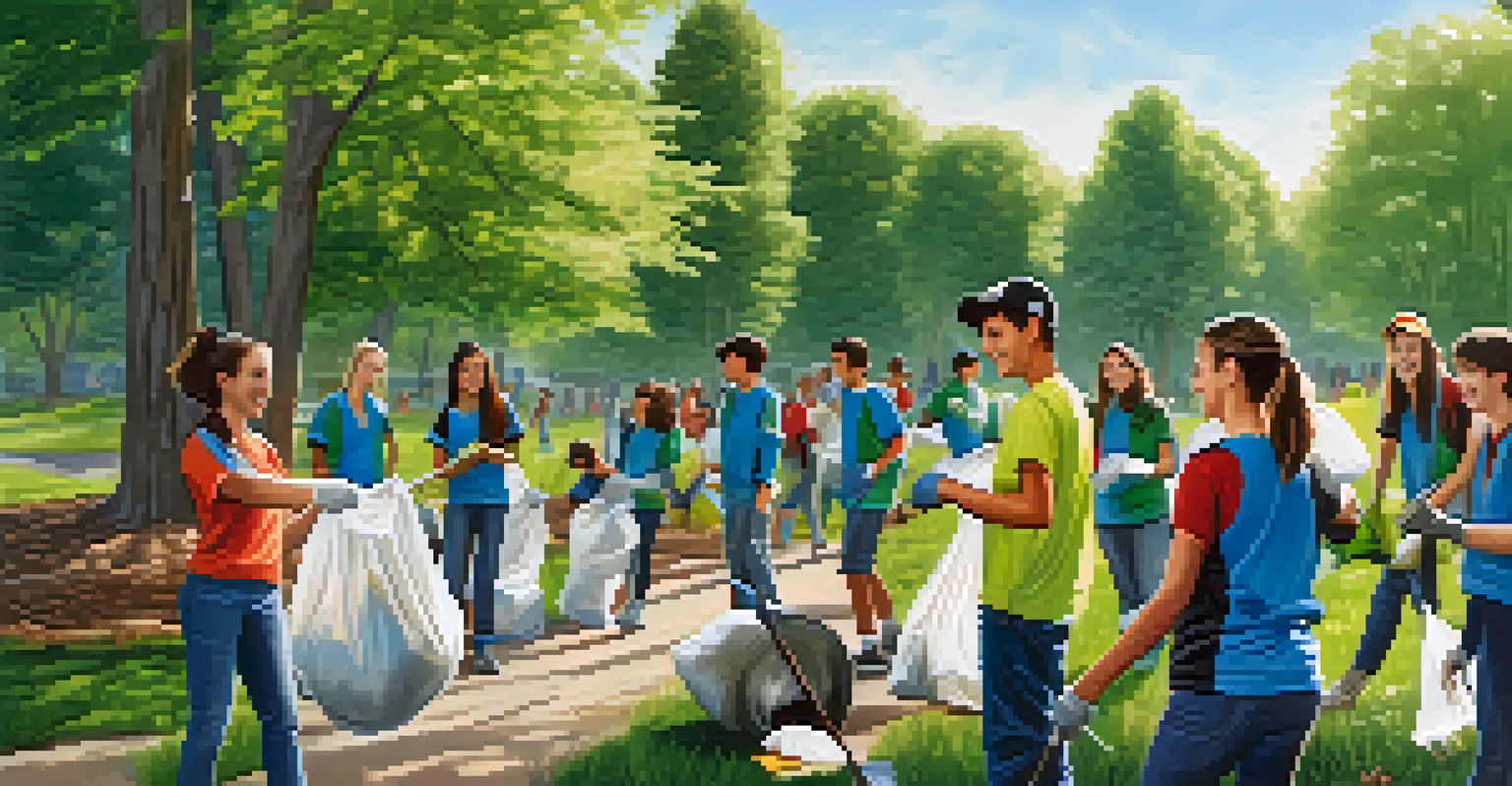 A group of teenagers joyfully involved in a community clean-up, working together in a park, with trees in the background and a sense of teamwork.
