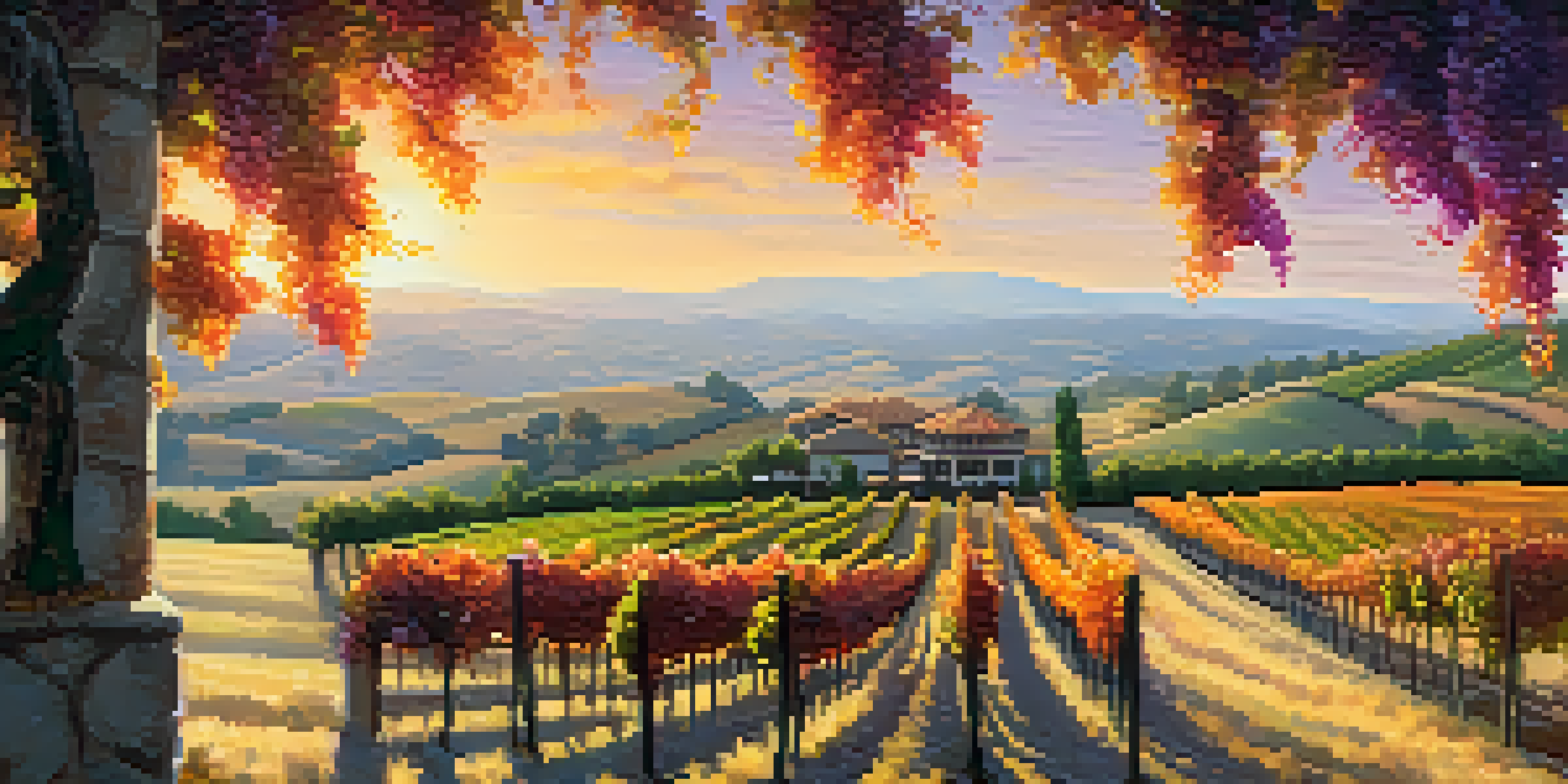A vineyard in San Jose at sunset, featuring grapevines, a scenic sky, and a wine tasting setup with glasses and cheese.