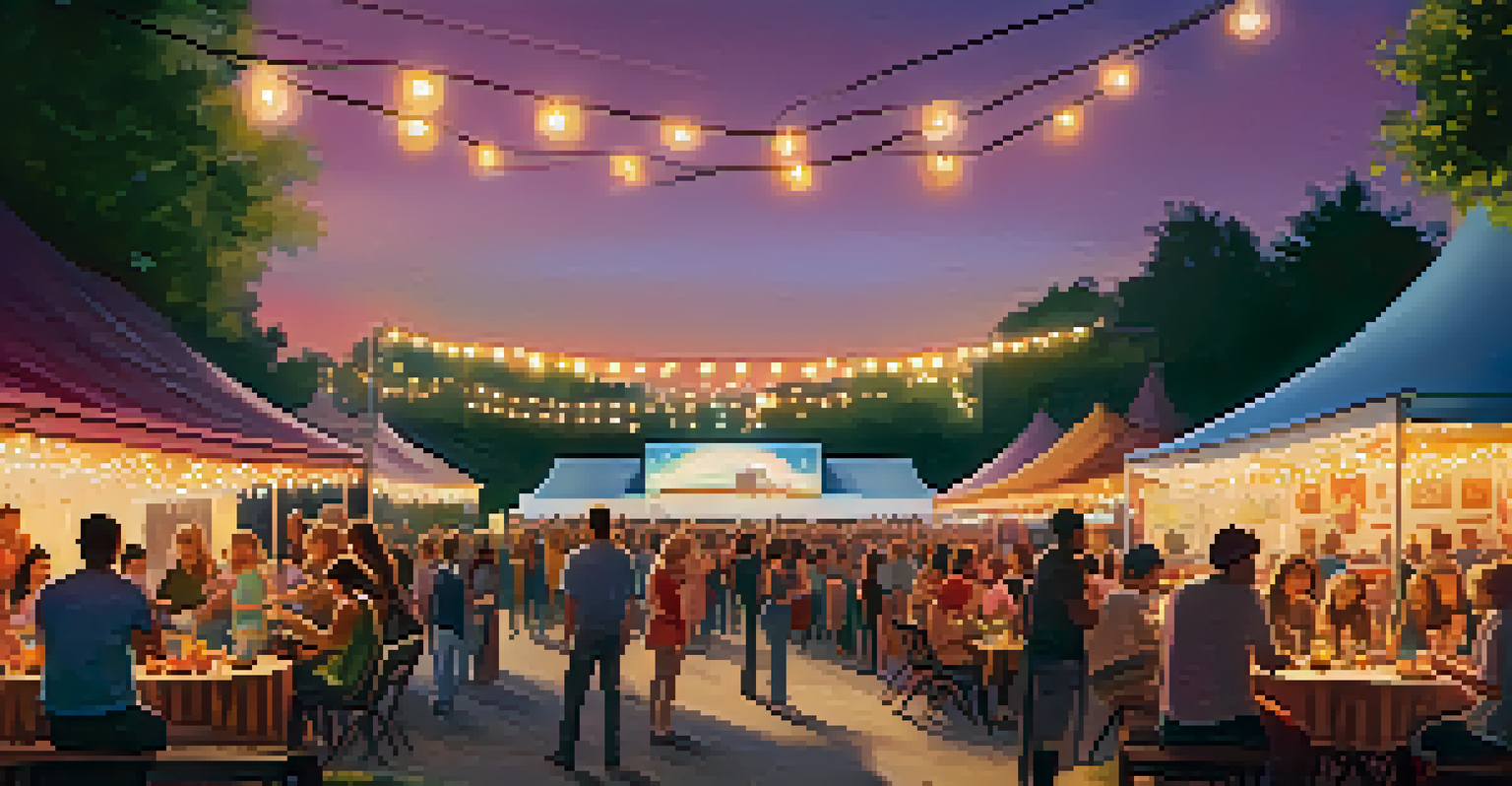 An evening festival scene with illuminated food trucks, families eating, and a stage for a dance performance.