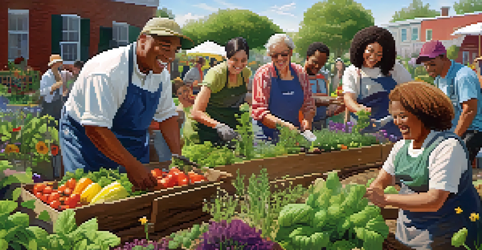 A diverse group of friends joyfully gardening together, planting vegetables and herbs in a vibrant community garden filled with flowers and buzzing bees.