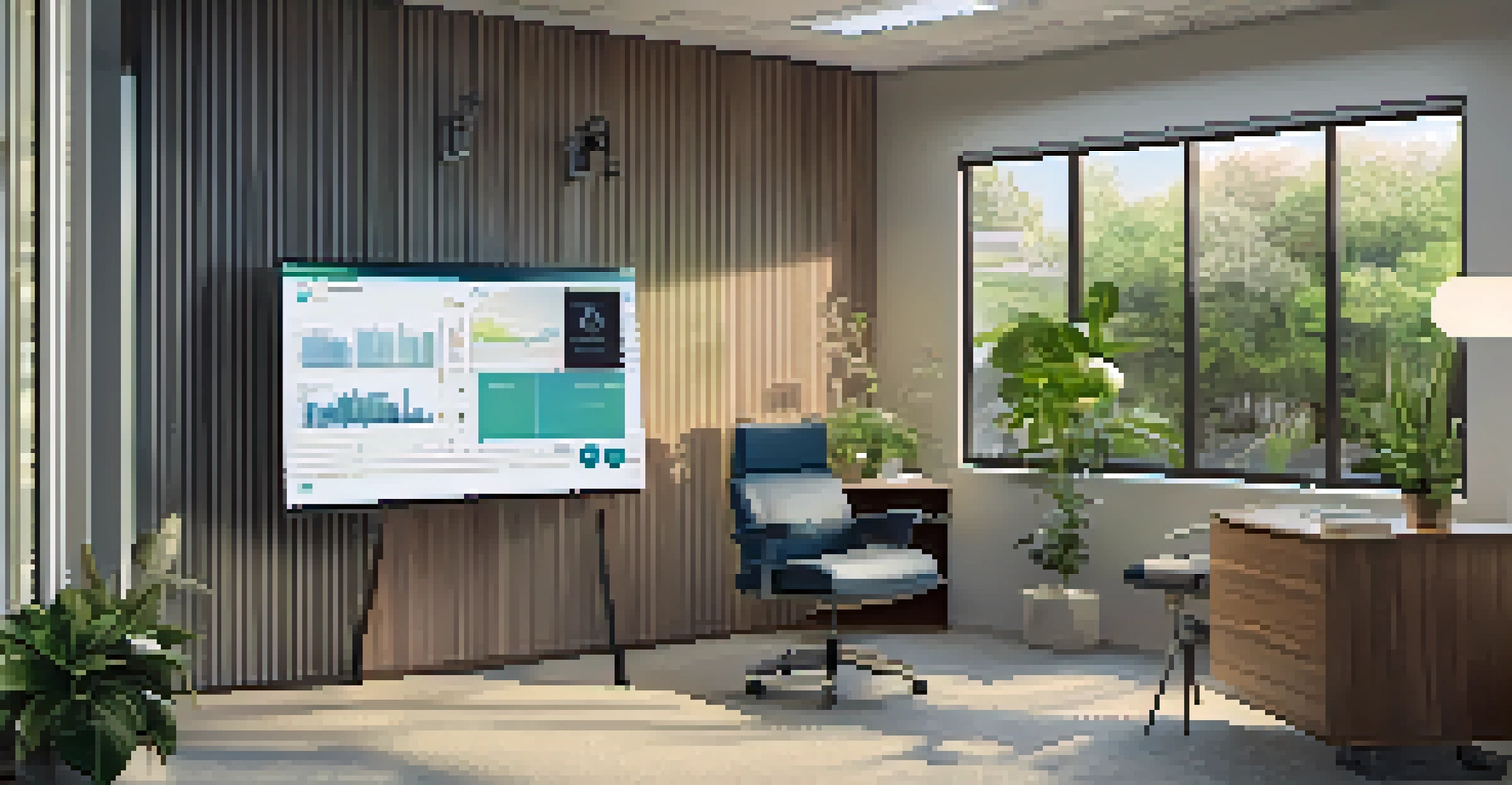 A telehealth consultation room with a comfortable chair and a screen showing a healthcare professional.