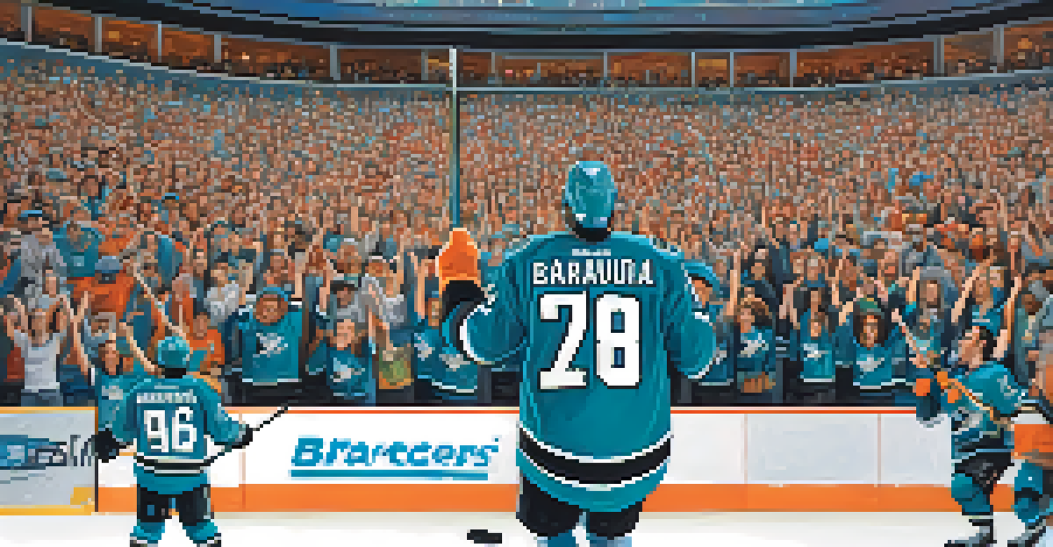 Barracuda mascot interacting with fans in a hockey arena, showcasing vibrant colors and a cheerful expression.
