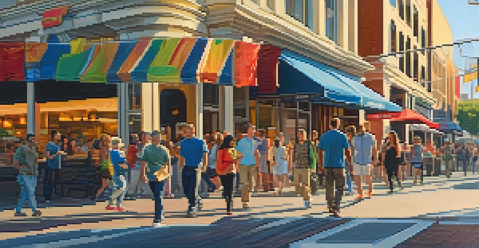 A vibrant downtown San Jose street filled with diverse people, modern buildings, and outdoor dining during sunset.