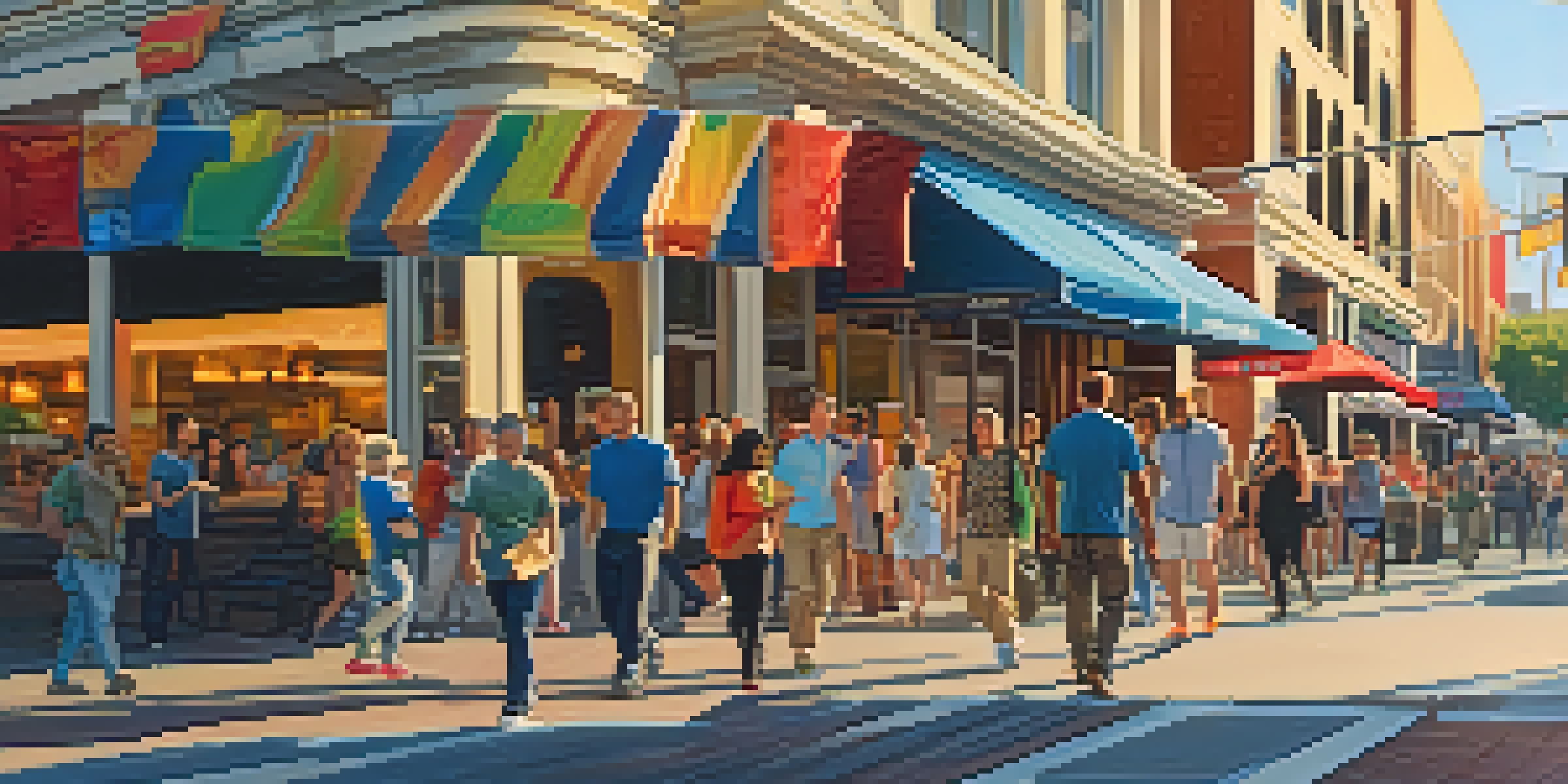 A vibrant downtown San Jose street filled with diverse people, modern buildings, and outdoor dining during sunset.