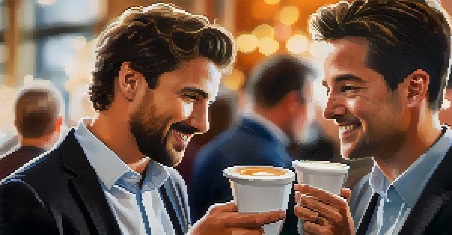 Two professionals engaged in a networking conversation, holding coffee cups, with a blurred crowd in the background.