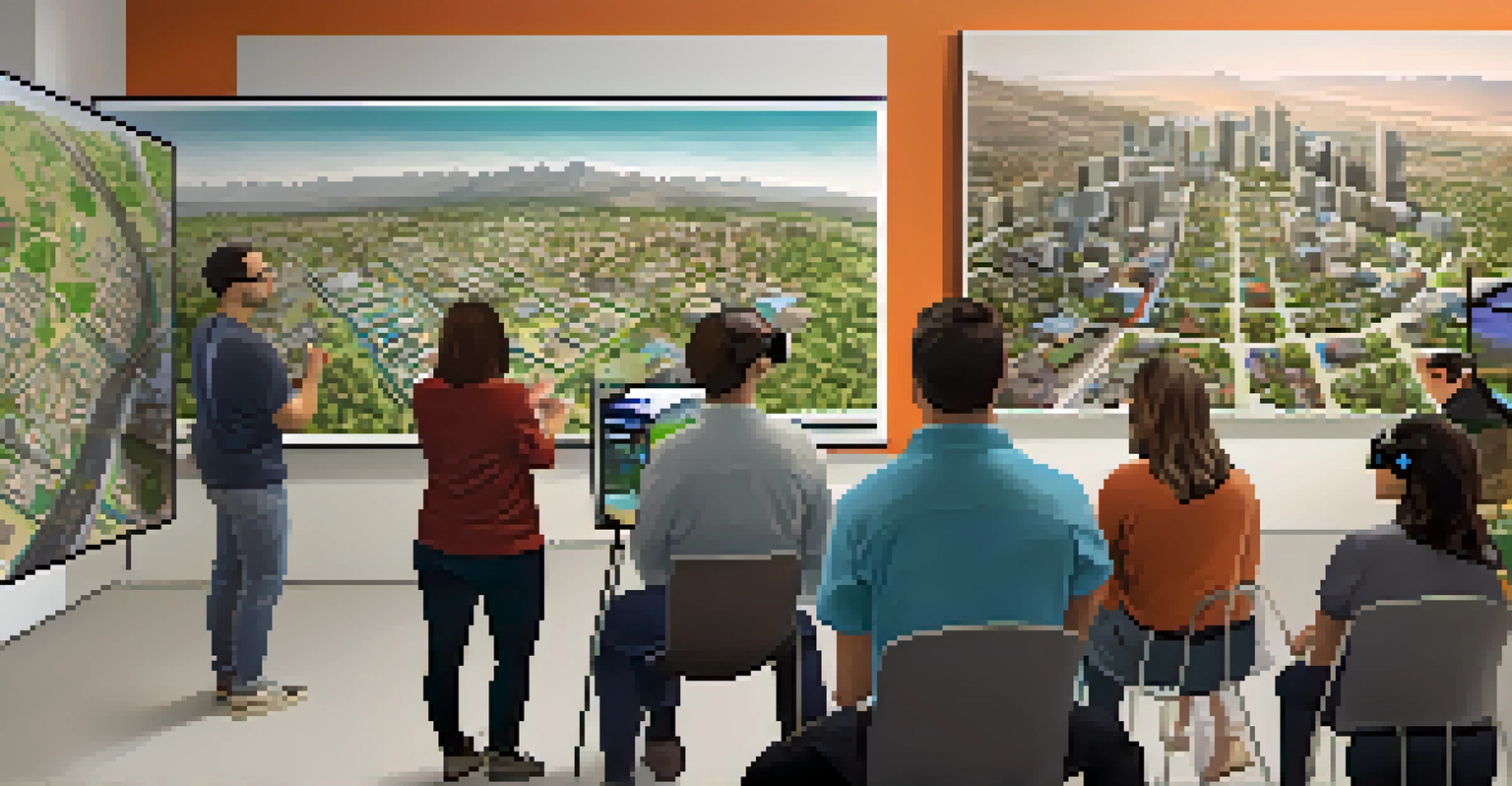 Residents using virtual reality headsets in a planning session, visualizing urban developments with interactive screens in the background.