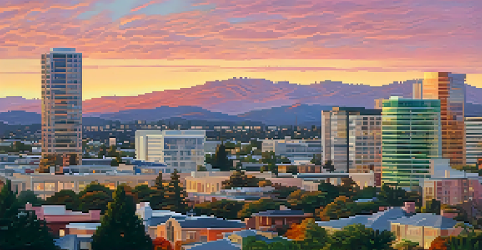 A sunset view of San Jose's skyline with modern buildings and green parks.