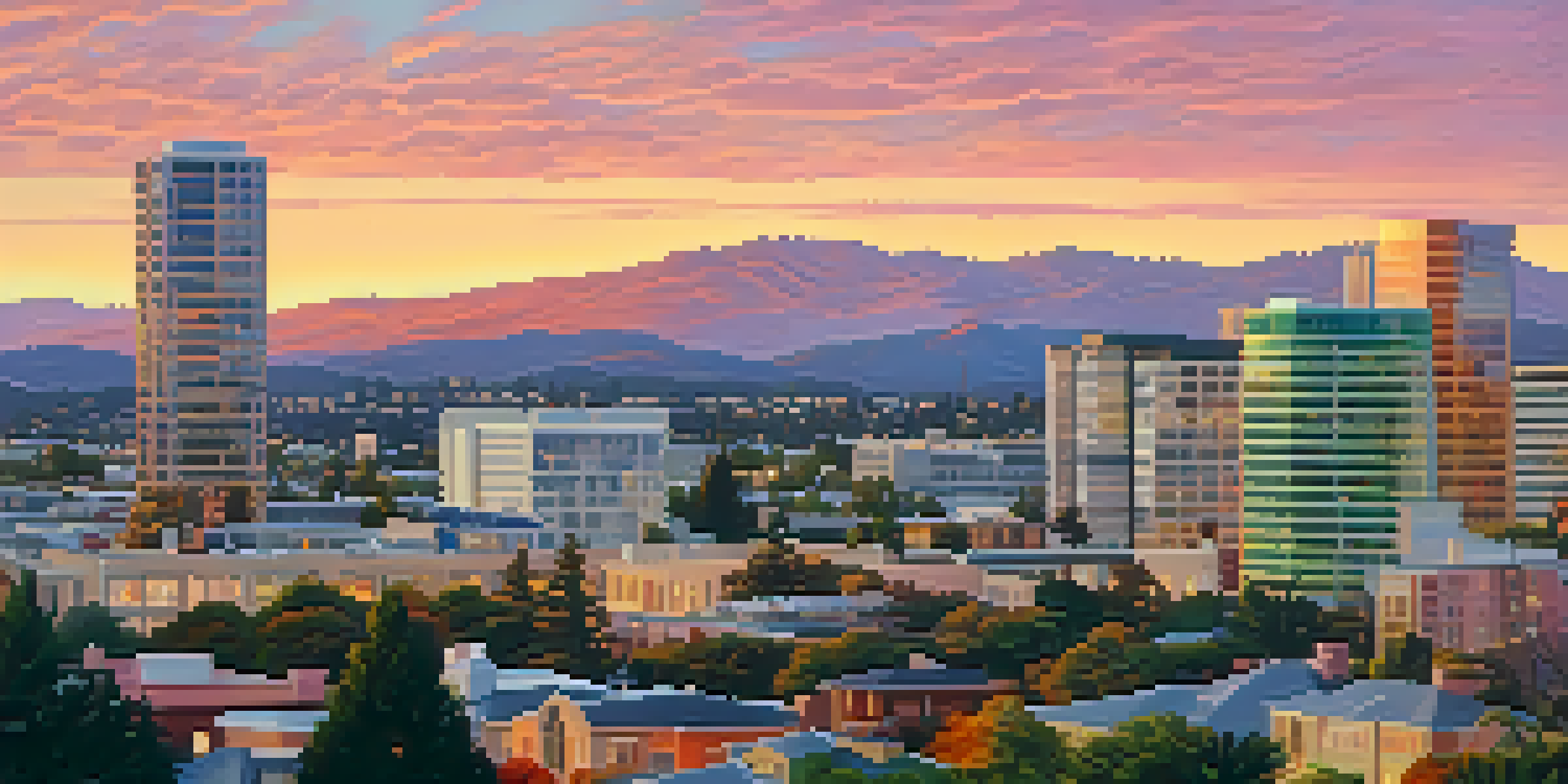 A sunset view of San Jose's skyline with modern buildings and green parks.