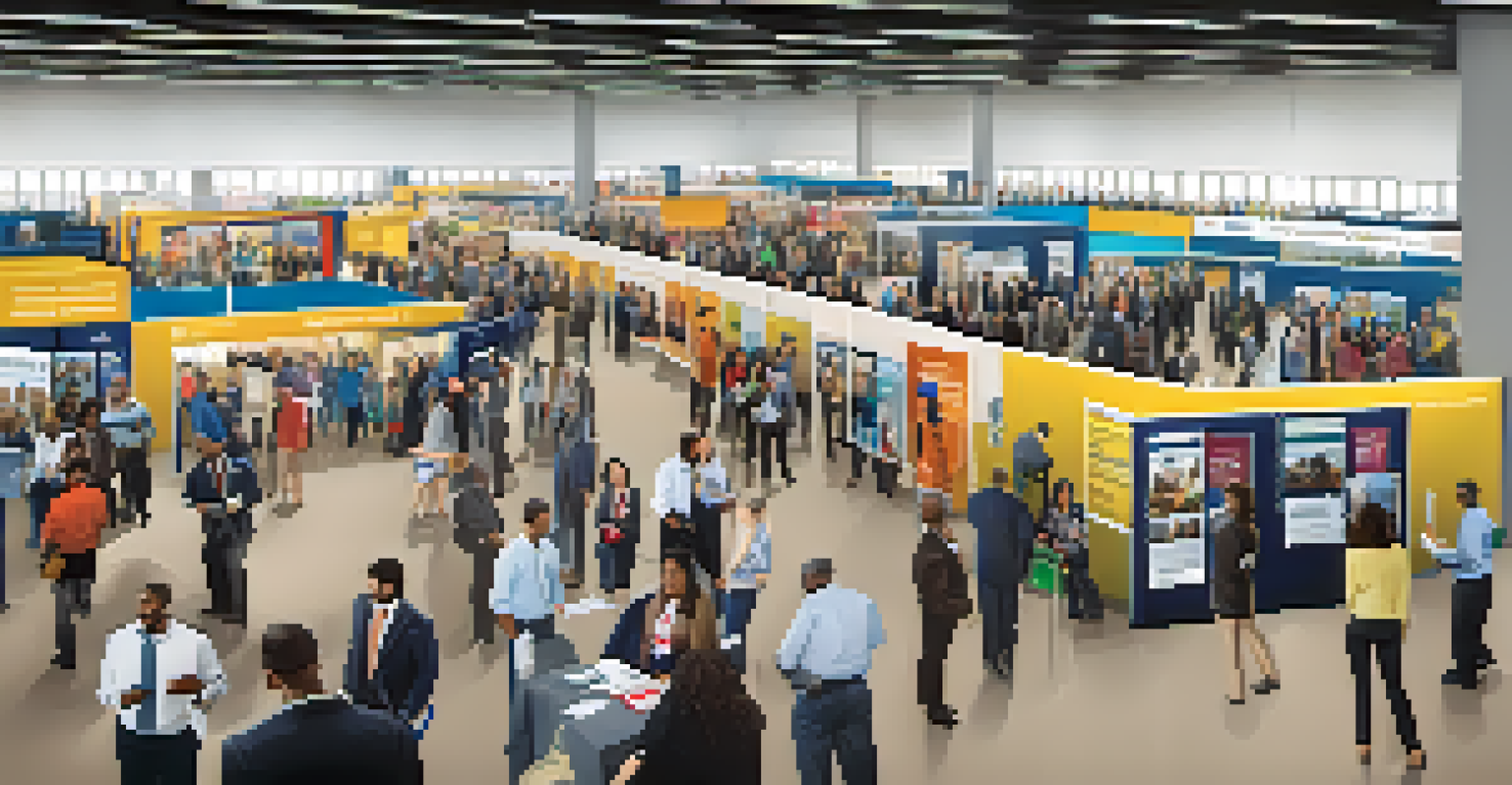 A bustling job fair with immigrants interacting with recruiters and exploring job opportunities in a vibrant hall.