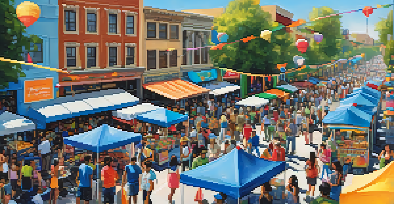 A bustling community street festival featuring colorful booths, diverse people interacting, and live music, all under a bright blue sky filled with decorations.