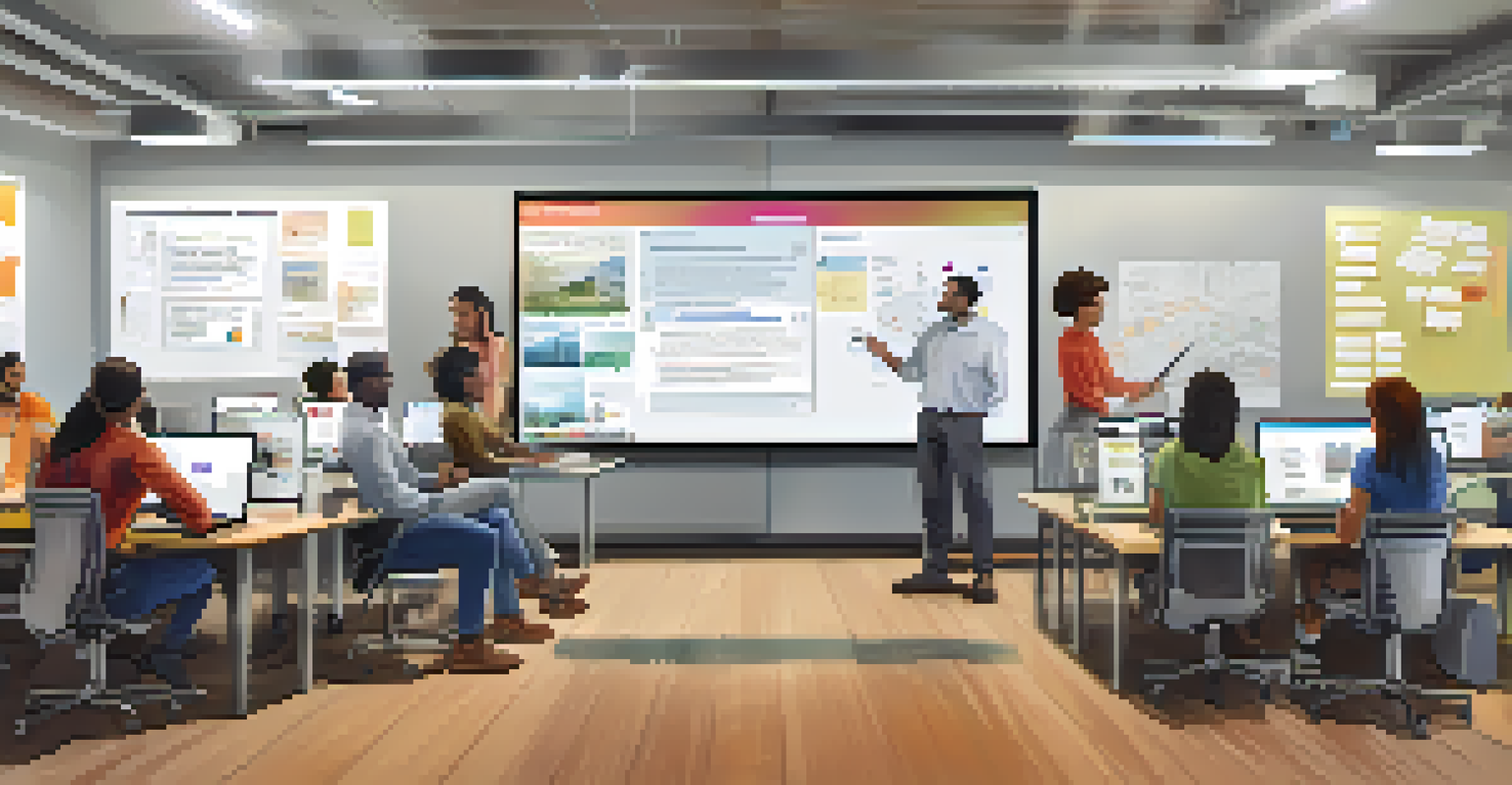 A team of community organization members collaborating over digital devices in a bright modern workspace.