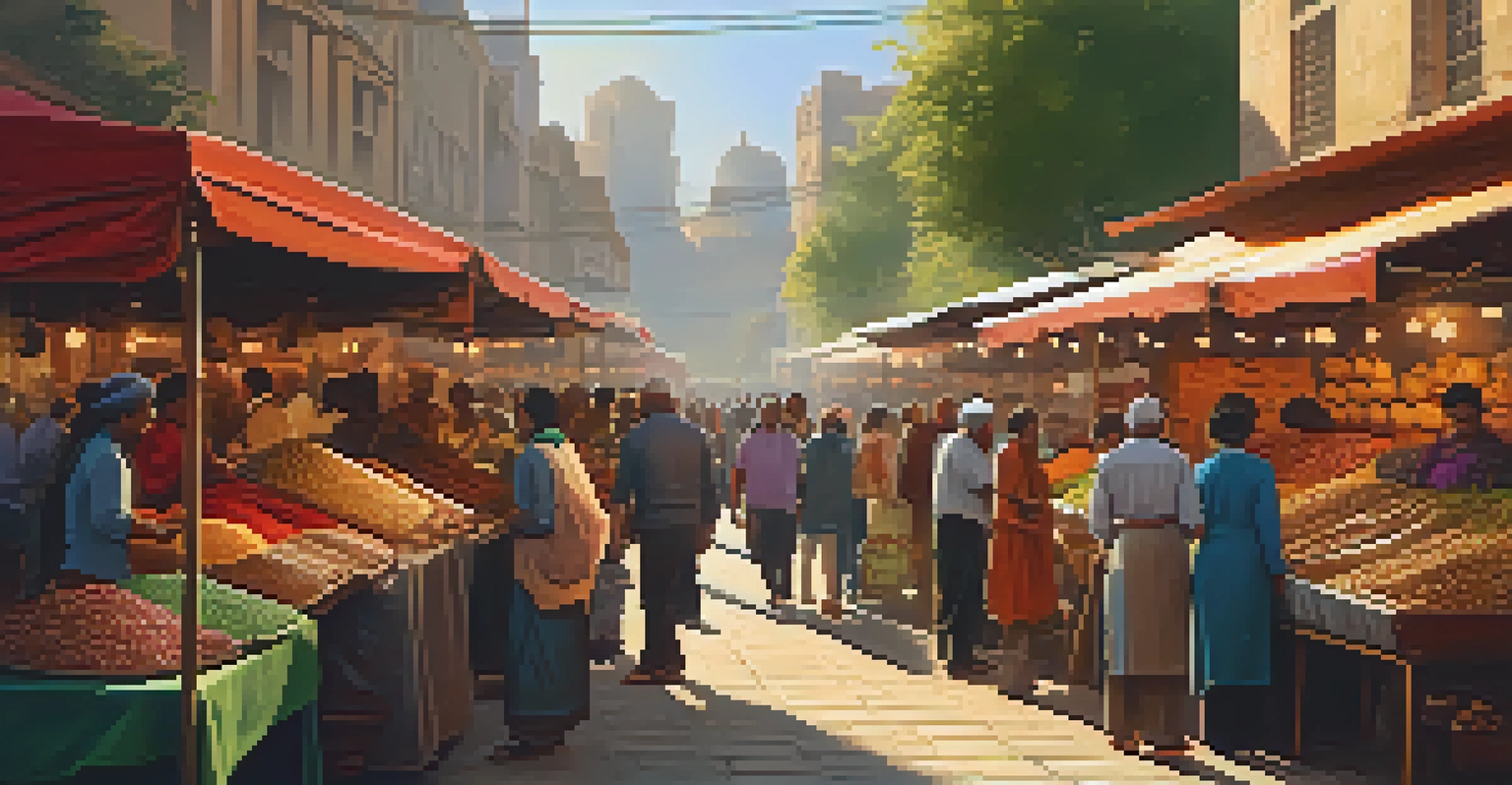 A lively city street market with stalls of handmade crafts and people interacting during sunset.