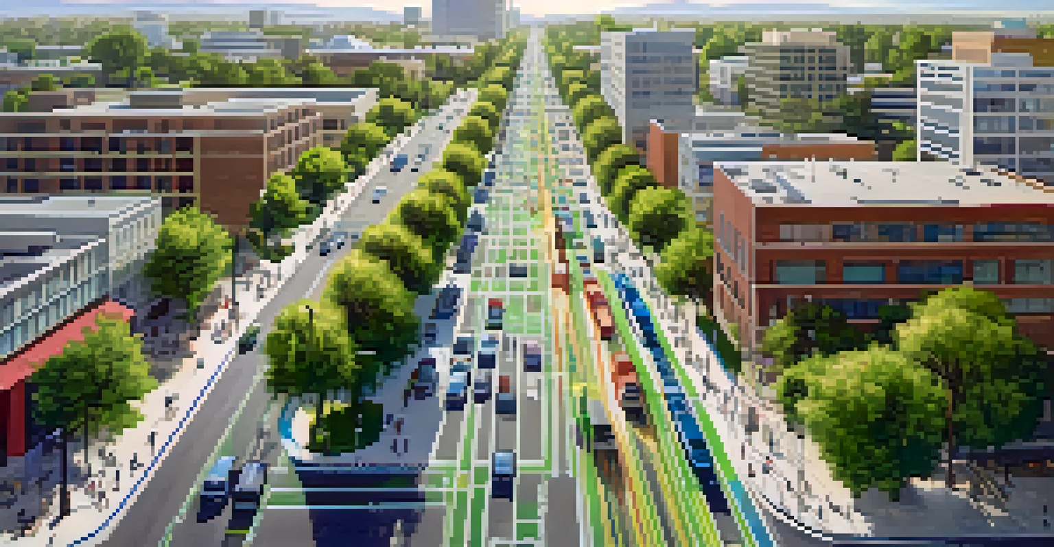 Aerial view of San Jose with busy bike lanes and public transit, showcasing a vibrant urban landscape on a sunny day.