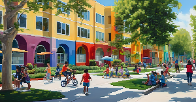 A lively urban scene in San Jose with diverse residents enjoying a community park surrounded by mixed-income housing and colorful murals.