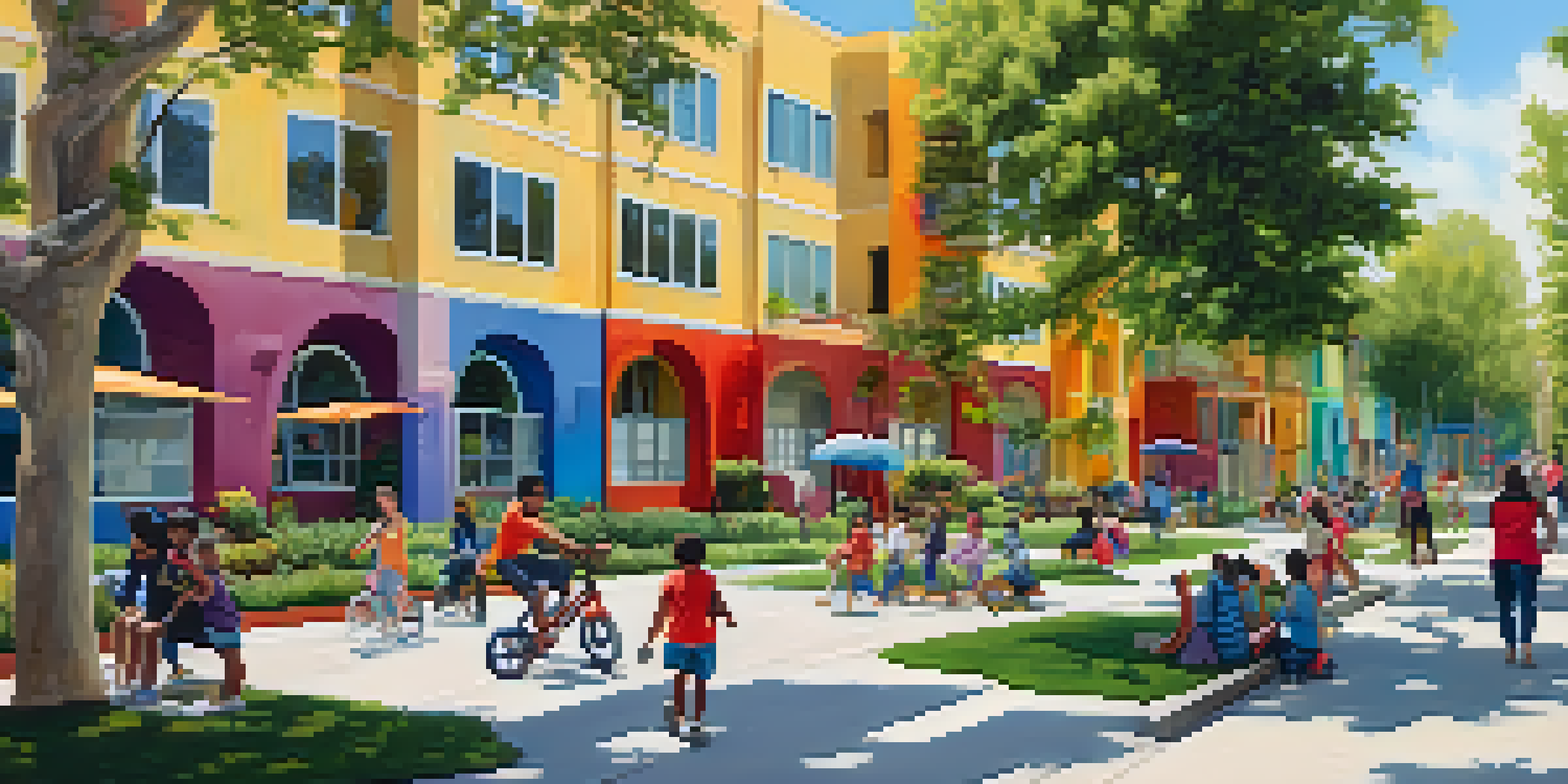 A lively urban scene in San Jose with diverse residents enjoying a community park surrounded by mixed-income housing and colorful murals.